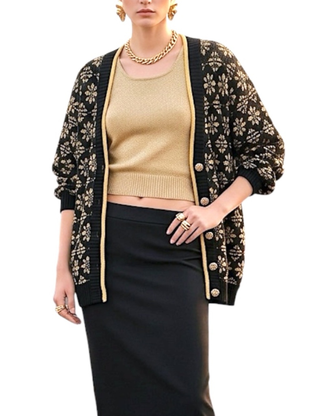 VTG 80s 90s black gold bold snowflake power shoulder maximalist cardigan M